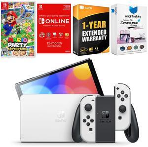 Nintendo Switch White OLED Console with Mario Party Superstars, NSO 12 Month Family Membership, MightySkins Console and Controller Skin Voucher, and 1 Year CPS Extended Warranty