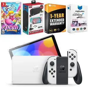 Nintendo Switch White OLED Console with Princess Peach: Showtime!, Surge Accessory Gaming Kit, MightySkins Console and Controller Skin Voucher, and 1 Year CPS Extended Warranty