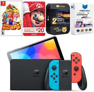 Nintendo Switch Neon Red & Blue OLED Console with Super Mario RPG , Nintendo $20 eShop Gift Card, MightySkins Console and Controller Skin Voucher and 2 Year CPS Extended Warranty