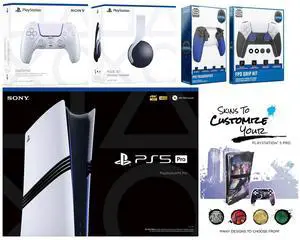 Sony Playstation 5 Pro Bundle with White Pulse Headset, Extra Chroma Pearl Controller, Trigger Stop Kit, FPS Grip Kit and MightySkins Decal Voucher Plus 2 Year CPS Extended Warranty