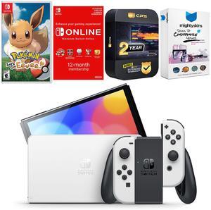 Nintendo Switch White OLED Console with Pokemon Let's Go, Eevee!, NSO 12 Month Family Membership, MightySkins Console and Controller Skin Voucher, and 2 Year CPS Extended Warranty