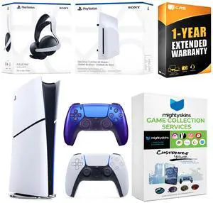 Sony PlayStation 5 Slim Digital Bundle with Disc Drive, Extra Controller, Pulse Elite Headset, MightySkins Game Collection and 1 Year Extended Warranty - Chroma Indigo