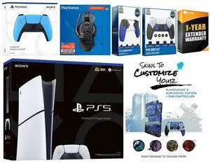 Sony Playstation 5 Slim Digital with Extra Starlight Blue Controller, Plantronics Headset, Trigger Stop Kit, FPS Grip Kit and MightySkins Decal Voucher + 1 Year CPS Extended Warranty