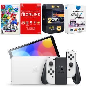 Nintendo Switch White OLED Console with Super Mario Bros. Wonder, NSO 12 Month Family Membership, MightySkins Console and Controller Skin Voucher, and 2 Year CPS Extended Warranty
