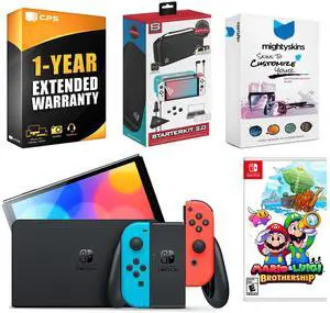 Nintendo Switch Neon Red & Blue OLED Console with Mario & Luigi: Brothership, Surge Accessory Gaming Kit, MightySkins Console and Controller Skin Voucher, and 1 Year CPS Extended Warranty