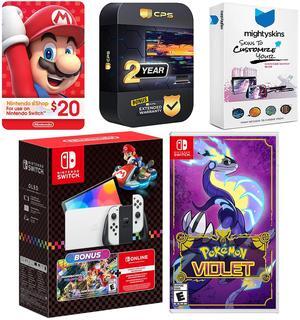 Nintendo Switch OLED Console Mario Kart 8 Bundle with Pokemon Violet, Nintendo $20 eShop Gift Card, MightySkins Console and Controller Skin Voucher, and 2 Year CPS Extended Warranty