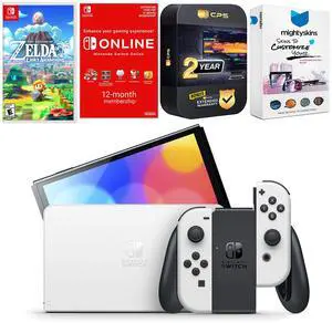 Nintendo Switch White OLED Console with The Legend Of Zelda Link's Awakening, NSO 12 Month Family Membership, MightySkins Console and Controller Skin Voucher, and 2 Year CPS Extended Warranty