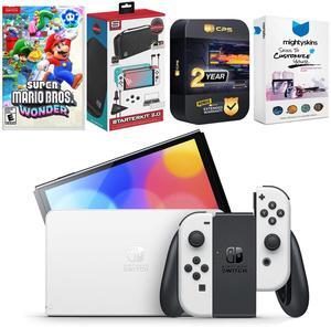 Nintendo Switch White OLED Console with Super Mario Bros. Wonder, Surge Accessory Gaming Kit, MightySkins Console and Controller Skin Voucher, and 2 Year CPS Extended Warranty