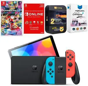 Nintendo Switch Neon Red & Blue OLED Console with Mario Kart 8 Deluxe, NSO 12 Month Family Membership, MightySkins Console and Controller Skin Voucher and 2 Year CPS Extended Warranty