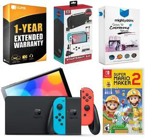 Nintendo Switch Neon Red & Blue OLED Console with Mario Maker 2, Surge Accessory Gaming Kit, MightySkins Console and Controller Skin Voucher, and 1 Year CPS Extended Warranty