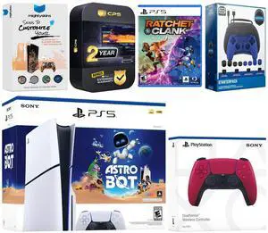 Sony PlayStation 5 Slim Disc Astro Bot, Rachet and Clank Bundle with Extra Cosmic Red Controller, Pro Gamer Starter Kit, MightySkins Code and 2 Year Extended Warranty