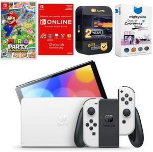 Nintendo Switch White OLED Console with Mario Party Superstars, NSO 12 Month Family Membership, MightySkins Console and Controller Skin Voucher, and 2 Year CPS Extended Warranty