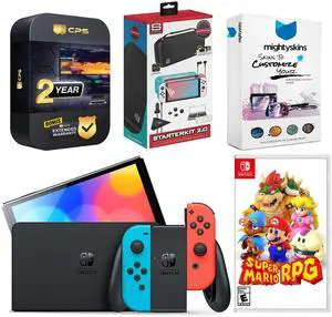 Nintendo Switch Neon OLED with Super Mario RPG, Gaming Kit, MightySkins Voucher and 2 Year CPS Extended Warranty