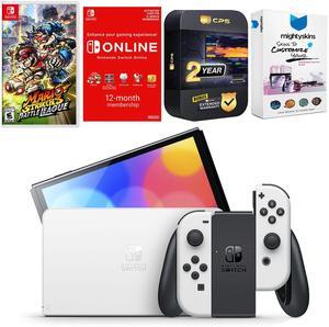 Nintendo Switch White OLED Console with Mario Strikers Battle League, NSO 12 Month Family Membership, MightySkins Console and Controller Skin Voucher, and 2 Year CPS Extended Warranty