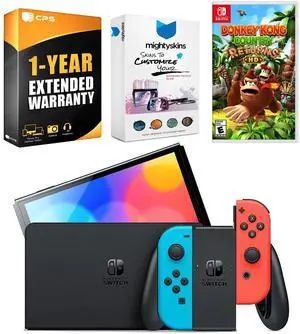 Nintendo Switch Neon Red & Blue OLED Console with Donkey Kong Returns HD, MightySkins Console and Controller Skin Voucher, and 1 Year CPS Extended Warranty