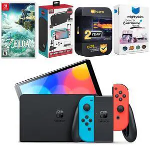 Nintendo Switch Neon Red & Blue OLED Console with the Legend of Zelda: Tears of the Kingdom, Surge Accessory Gaming Kit, MightySkins Console and Controller Skin Voucher, and 2 Year CPS Extended Warra