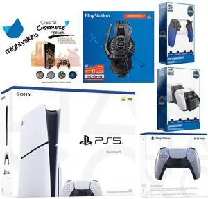 Sony Playstation 5 Slim Disc Bundle with Extra Sterling Silver Controller, Plantronics Headset, Trigger Stop Kit, Dual Charge Dock and MightySkins Decal Voucher