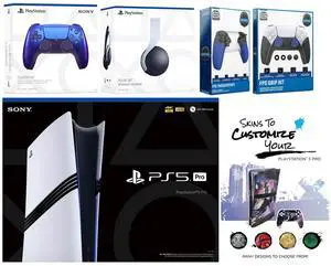 Sony Playstation 5 Pro Bundle with White Pulse Headset, Extra Chroma Indigo Controller, Trigger Stop Kit, FPS Grip Kit and MightySkins Decal Voucher Plus 1 Year CPS Extended Warranty