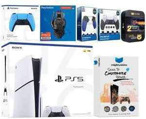 Sony Playstation 5 Slim Disc with Extra Starlight Blue Controller, Plantronics Headset, Trigger Stop Kit, FPS Grip Kit and MightySkins Decal Voucher + 2 Year CPS Extended Warranty