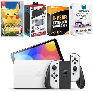 Nintendo Switch White OLED Console with Pokemon Let's Go, Pikachu!, Surge Accessory Gaming Kit, MightySkins Console and Controller Skin Voucher, and 1 Year CPS Extended Warranty