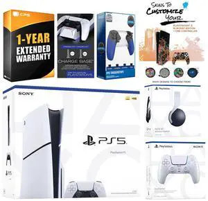 Sony Playstation 5 Slim Disc with White Pulse Headset, Extra Chroma Pearl Controller, Trigger Stop Kit, Charge Dock and MightySkins Decal Voucher + 1 Year CPS Extended Warranty