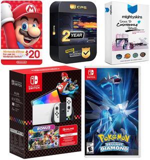 Nintendo Switch OLED Console Mario Kart 8 Bundle with Pokemon Brilliant Diamond, Nintendo $20 eShop Gift Card, MightySkins Console and Controller Skin Voucher, and 2 Year CPS Extended Warranty