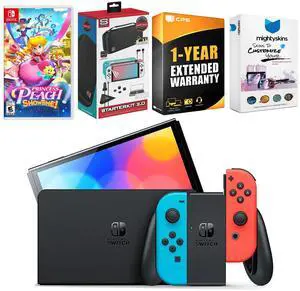 Nintendo Switch Neon Red & Blue OLED Console with Princess Peach: Showtime! Edition, Surge Accessory Gaming Kit, MightySkins Console and Controller Skin Voucher, and 1 Year CPS Extended Warranty