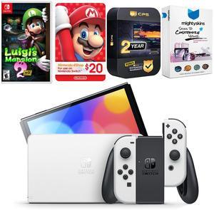Nintendo Switch White OLED Console with Luigis Mansion 2 HD, Nintendo $20 eShop Gift Card, MightySkins Console and Controller Skin Voucher, and 2 Year CPS Extended Warranty