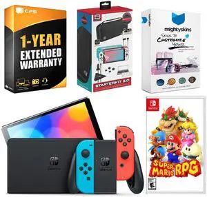 Nintendo Switch Neon Red & Blue OLED Console with Super Mario RPG, Surge Accessory Gaming Kit, MightySkins Console and Controller Skin Voucher, and 1 Year CPS Extended Warranty