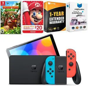 Nintendo Switch Neon Red & Blue OLED Console with Donkey Kong Country Returns HD, Nintendo $20 eShop Gift Card, MightySkins Console and Controller Skin Voucher, and 1 Year CPS Extended Warranty