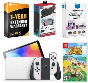 Nintendo Switch White OLED Console with Animal Crossing: New Horizons, Surge 12 in 1 Accessory Starter Kit 2.0, MightySkins Console and Controller Skin Voucher, and 1 Year CPS Extended Warranty