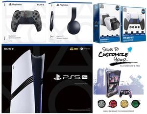 Sony Playstation 5 Pro Bundle with Black Pulse Headset, Extra Gray Camo Controller, FPS Grip Kit, Dual Charge Dock and MightySkins Decal Voucher