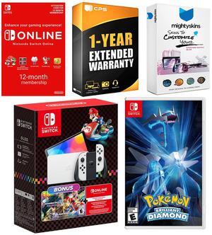 Nintendo Switch OLED Console Mario Kart 8 Bundle with Pokemon Brilliant Diamond, NSO 12 Month Family Membership, MightySkins Console and Controller Skin Voucher, and 1 Year CPS Extended Warranty