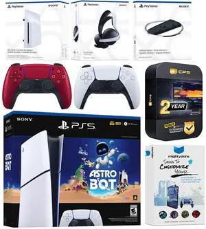 Sony PlayStation 5 Astro Bot Slim Digital Bundle with Disc Drive, Pulse Elite Headset, Extra Controller, Vertical Stand, MightySkins Voucher and 2 Year Extended Warranty - Volcanic Red