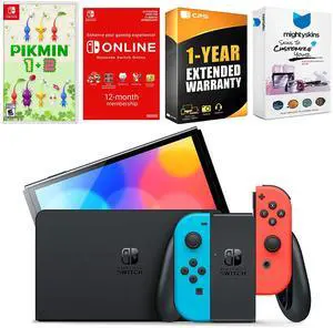 Nintendo Switch Neon Red & Blue OLED Console with Pikmin 1 + 2, NSO 12 Month Family Membership, MightySkins Console and Controller Skin Voucher and 1 Year CPS Extended Warranty