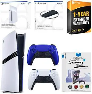 Sony PlayStation 5 Pro Digital Bundle with Disc Drive, Extra Controller, Vertical Stand, MightySkins Voucher and 1 Year Extended Warranty - Cobalt Blue