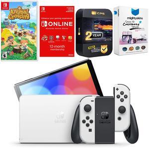 Nintendo Switch White OLED Console with Animal Crossing New Horizons, NSO 12 Month Family Membership, MightySkins Console and Controller Skin Voucher, and 2 Year CPS Extended Warranty