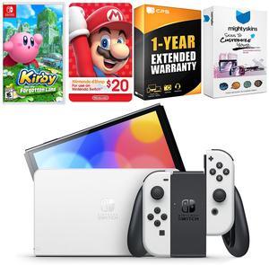 Nintendo Switch White OLED Console with Kirby and the Forgotten Land, Nintendo $20 eShop Gift Card, MightySkins Console and Controller Skin Voucher, and 1 Year CPS Extended Warranty