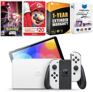 Nintendo Switch White OLED Console with Pokemon Shining Pearl, Nintendo $20 eShop Gift Card, MightySkins Console and Controller Skin Voucher, and 1 Year CPS Extended Warranty