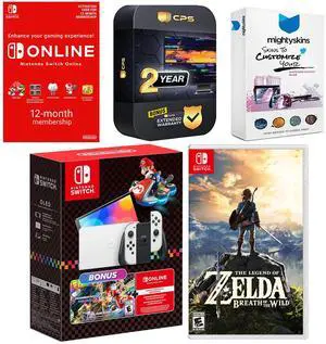 Nintendo Switch OLED Console Mario Kart 8 Bundle with Legend of Zelda Breath of the Wild, NSO 12 Month Family Membership, MightySkins Console and Controller Skin Voucher, and 2 Year CPS Extended Warr