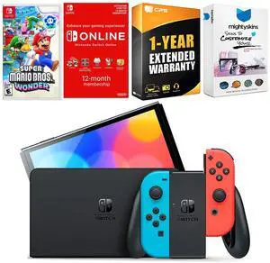 Nintendo Switch Neon Red & Blue OLED Console with Super Mario Bros. Wonder, NSO 12 Month Family Membership, MightySkins Console and Controller Skin Voucher and 1 Year CPS Extended Warranty
