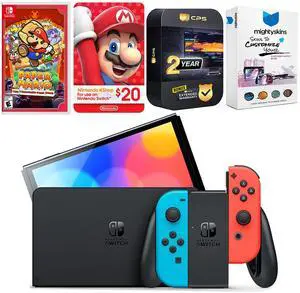 Nintendo Switch Neon Red & Blue OLED Console with Paper Mario: the Thousand Year Door, Nintendo $20 eShop Gift Card, MightySkins Console and Controller Skin Voucher and 2 Year CPS Extended Warranty