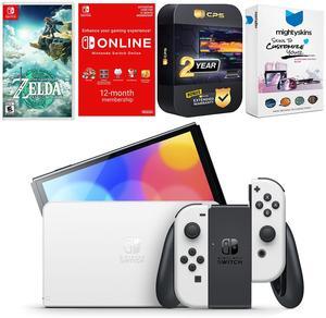 Nintendo Switch White OLED Console with The Legend Of Zelda Tears of the Kingdom, NSO 12 Month Family Membership, MightySkins Console and Controller Skin Voucher, and 2 Year CPS Extended Warranty