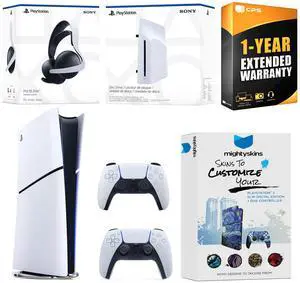 Sony PlayStation 5 Slim Digital Bundle with Disc Drive, Extra Controller, Pulse Elite Headset, MightySkins Voucher and 1 Year Extended Warranty - Glacier White Sony PlayStation 5 Slim Digital Bundle with Disc Drive, Extra Controller, Pulse Elite Headset, MightySkins Voucher and 1 Year Extended Warranty - Glacier White