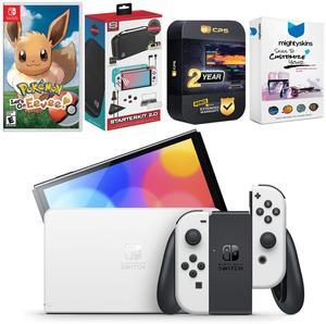 Nintendo Switch White OLED Console with Pokemon: Let's Go, Eevee!, Surge Accessory Gaming Kit, MightySkins Console and Controller Skin Voucher, and 2 Year CPS Extended Warranty
