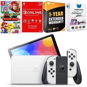 Nintendo Switch White OLED Console with Mario vs. Donkey Kong, NSO 12 Month Family Membership, MightySkins Console and Controller Skin Voucher, and 1 Year CPS Extended Warranty