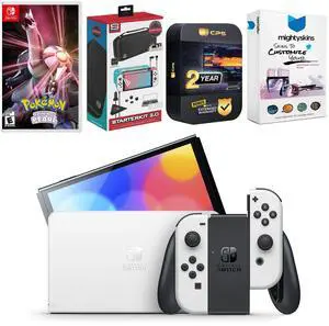 Nintendo Switch White OLED Console with Pokemon Shining Pearl, Surge Accessory Gaming Kit, MightySkins Console and Controller Skin Voucher, and 2 Year CPS Extended Warranty