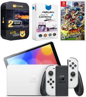 Nintendo Switch White OLED Console with Mario Strikers: Battle League, MightySkins Console and Controller Skin Voucher, and 2 Year CPS Extended Warranty