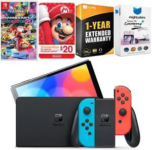 Nintendo Switch Neon Red & Blue OLED Console with Mario Kart 8 Deluxe, Nintendo $20 eShop Gift Card, MightySkins Console and Controller Skin Voucher and 1 Year CPS Extended Warranty