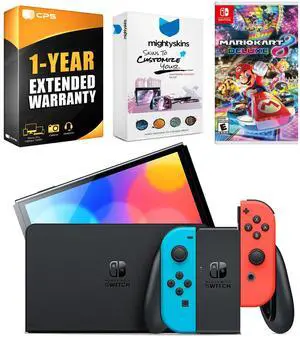 Nintendo Switch Neon Red & Blue OLED Console with Mario Kart 8 Deluxe, MightySkins Console and Controller Skin Voucher, and 1 Year CPS Extended Warranty